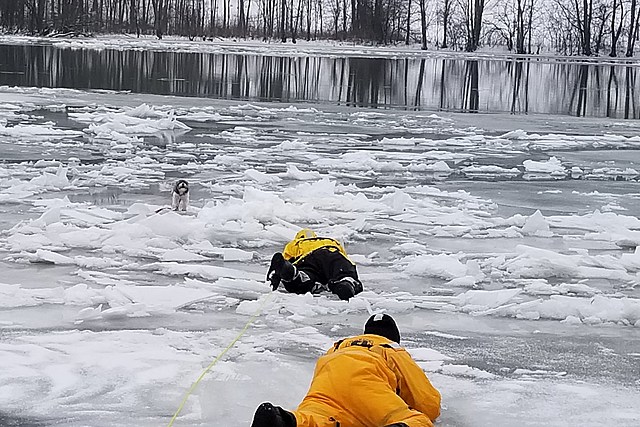 PHOTOS: Firefighters Crawl Across Icy CNY Pond to Save Dog Chasing Geese